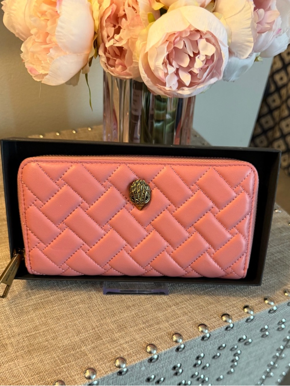 NIB NWT Kurt Geiger Pink Quilted Zip-Around Wallet Eagle Head